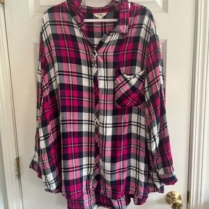 Terra & Sky Pink, Black & White Button Up Plaid Long Sleeve Top, With Pocket, 4X